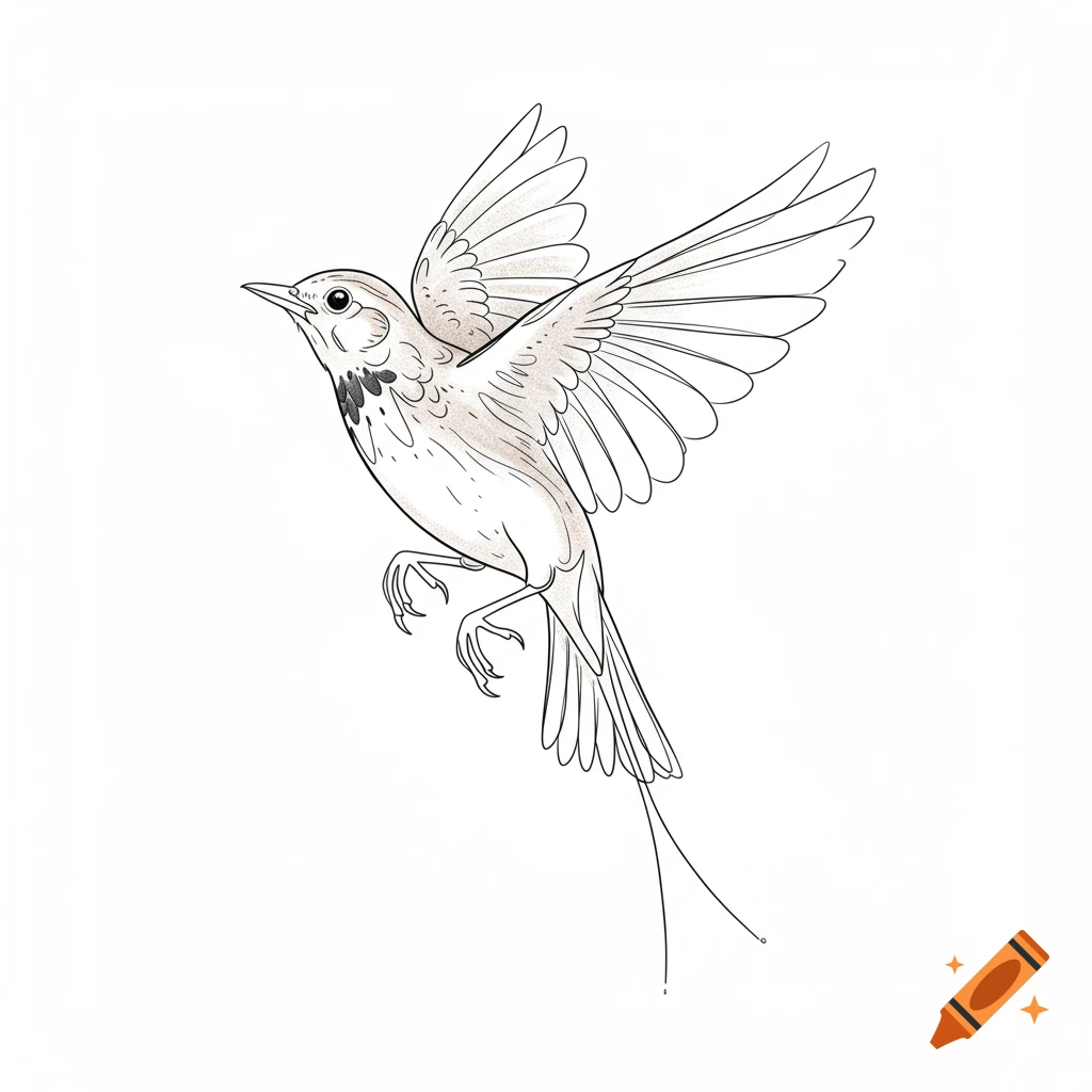 A fine line drawing of a skylark in flight with wings spread, depicted in a tattoo style.