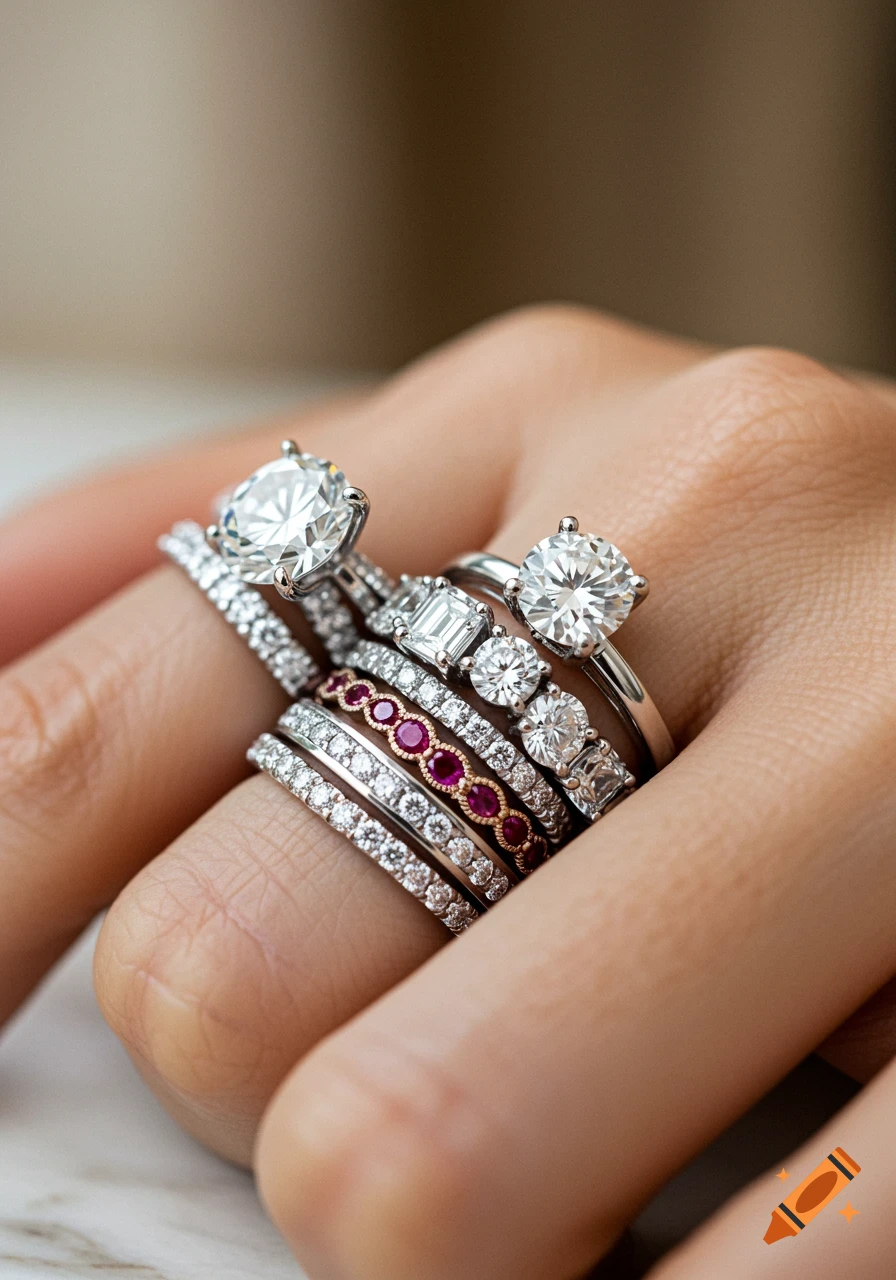 Close-up of a hand wearing multiple stacked diamond and ruby rings on the ring finger.