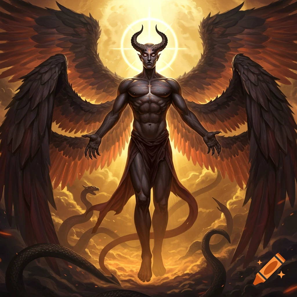 A powerful dark angel with black wings and horns stands against a glowing golden sky, surrounded by swirling clouds and serpents, in a dramatic fantasy art style.