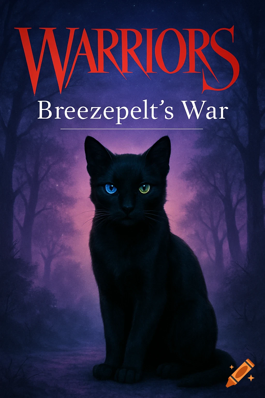A black cat with heterochromatic eyes (blue and green) sits in a mystical purple and blue twilight forest. Book cover text reads 'WARRIORS Breezepelt's War'.