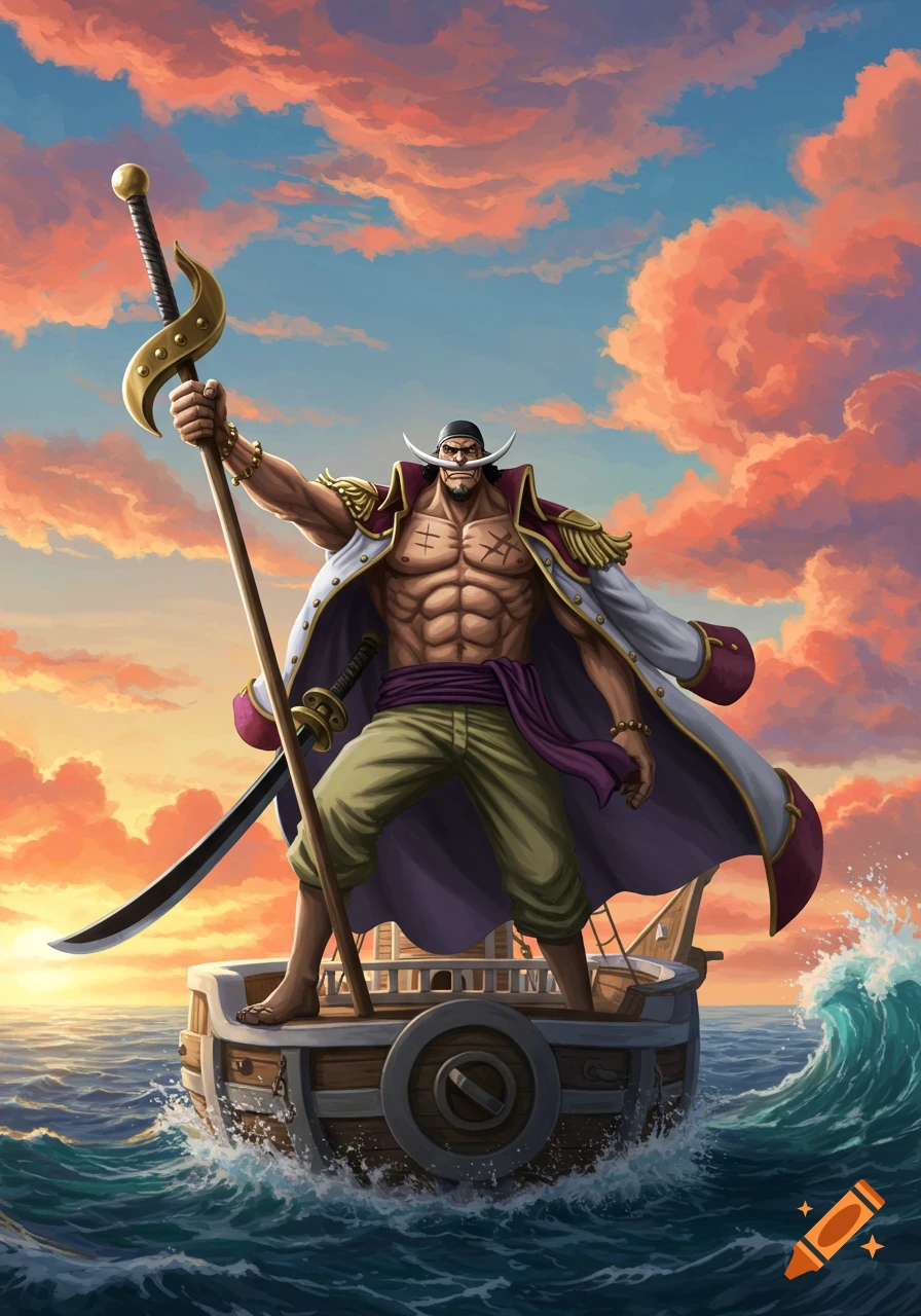 Edward Newgate (Whitebeard) from One Piece, a muscular anime character, stands on a ship at sunset, holding his naginata.