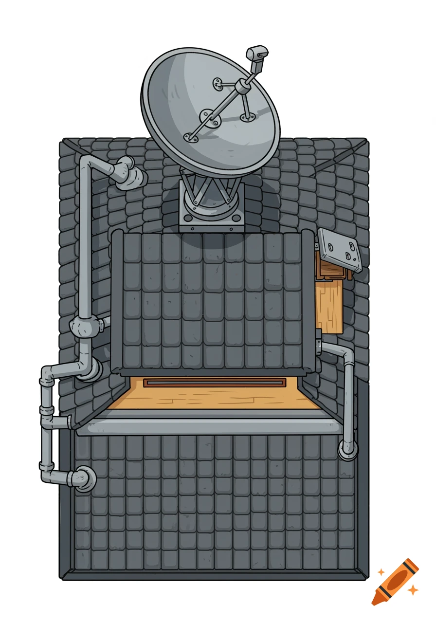A cartoony, top-down view of a grey house roof with a satellite dish and drainpipes on a white background.