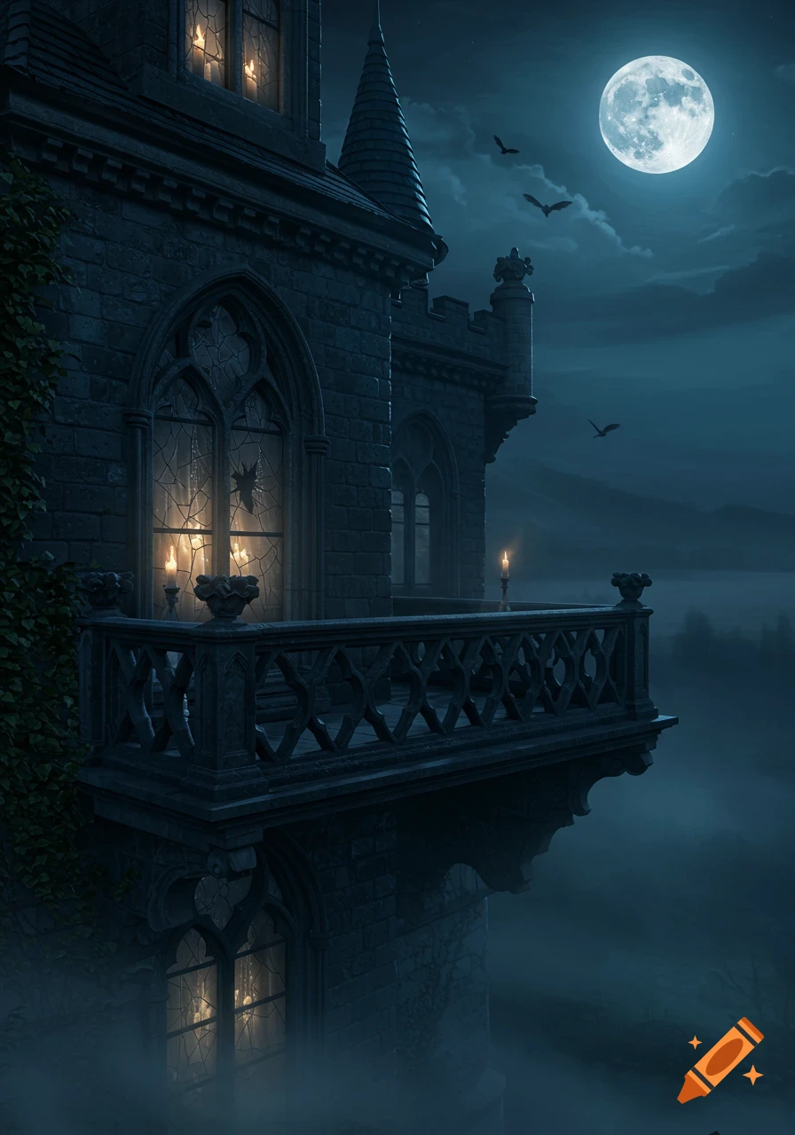 A gothic mansion balcony at night under a bright full moon, with bats flying and candles glowing in windows.