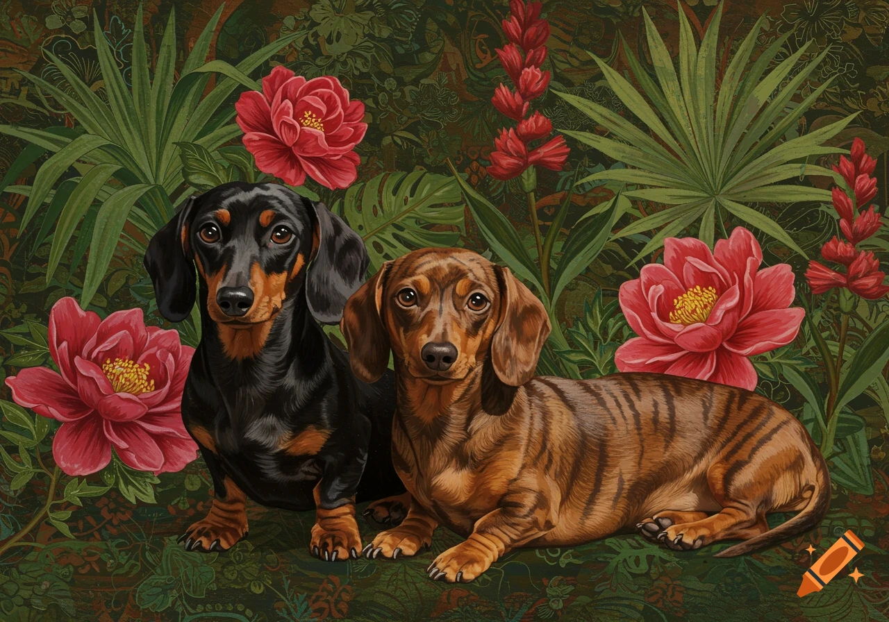 Two dachshunds, one black and tan, one brindle, sit among vibrant red flowers and green tropical foliage in a painterly style.