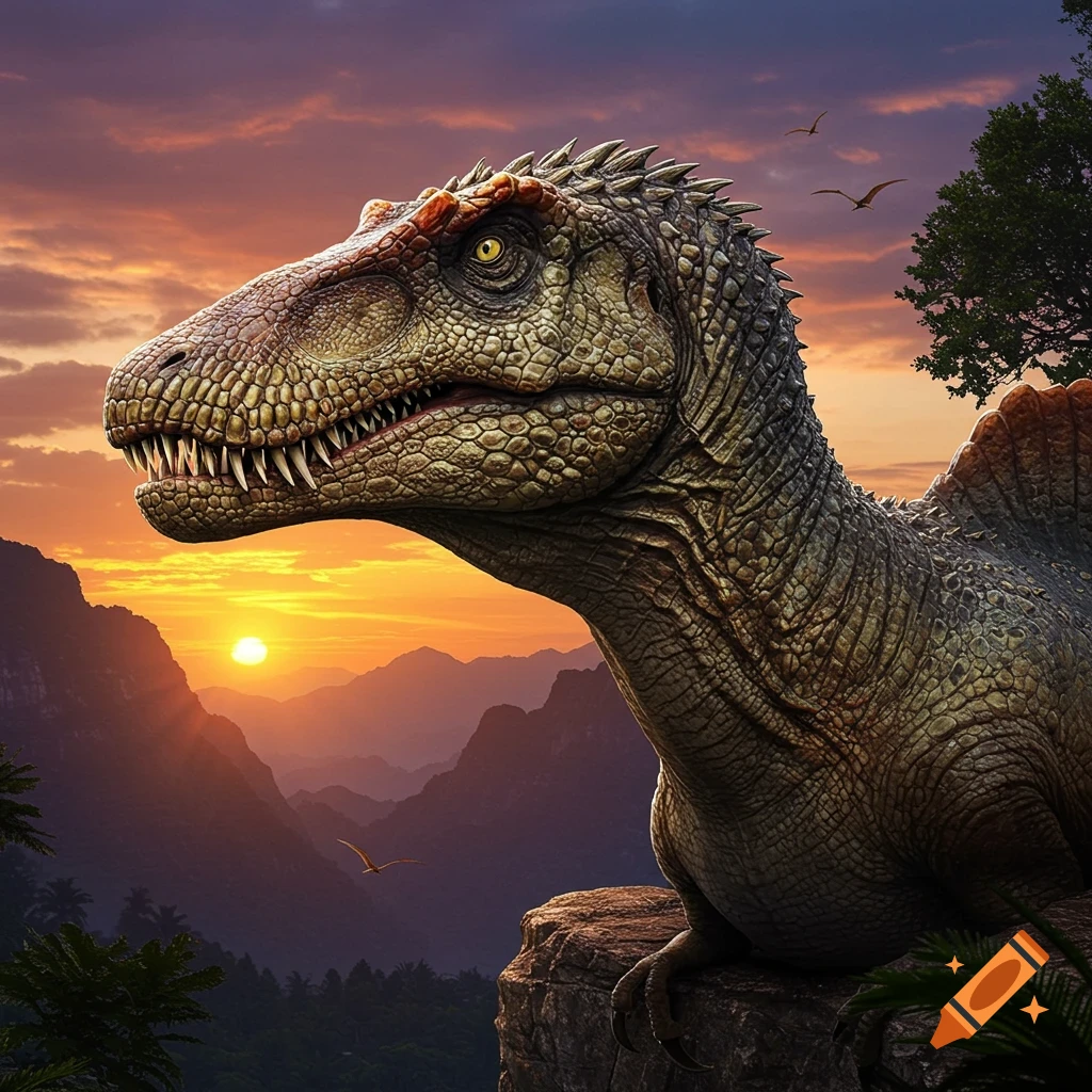 Photorealistic image of a large dinosaur with Spinosaurus and T-Rex features perched on a cliff at sunset, overlooking a vast mountainous jungle.