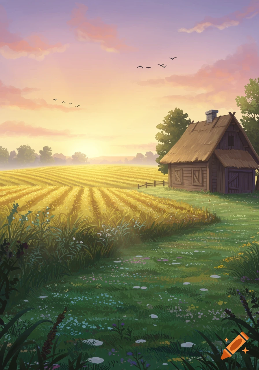 A vibrant storybook illustration of a peaceful countryside farm at sunrise, with a small wooden farmhouse, golden fields, and birds flying.