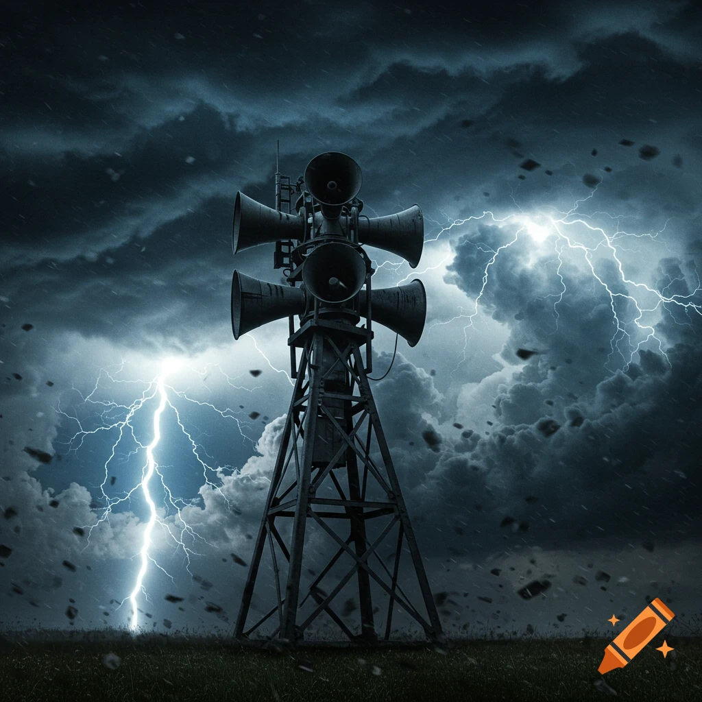 A tall tornado siren tower stands against a dark, stormy sky with bolts of lightning striking down.