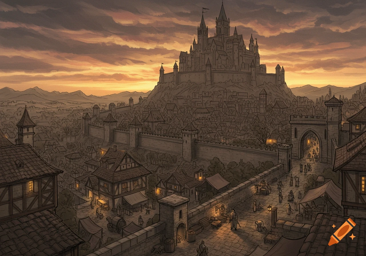 A detailed concept art sketch of a vast medieval walled city with a grand castle on a hill at dusk.
