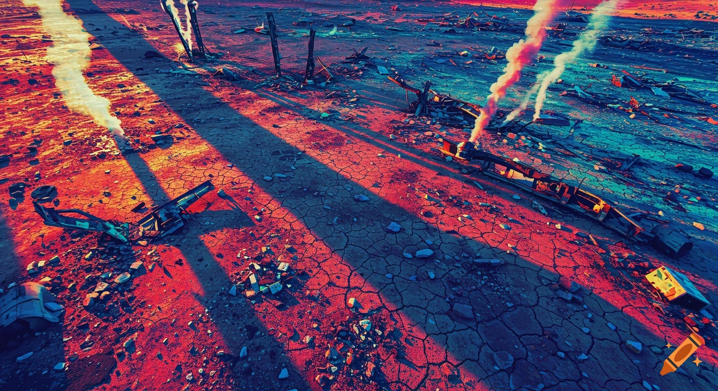 Top-down view of a destroyed, cracked battlefield with smoking debris, bathed in vibrant red and blue light, in a stylized art style.