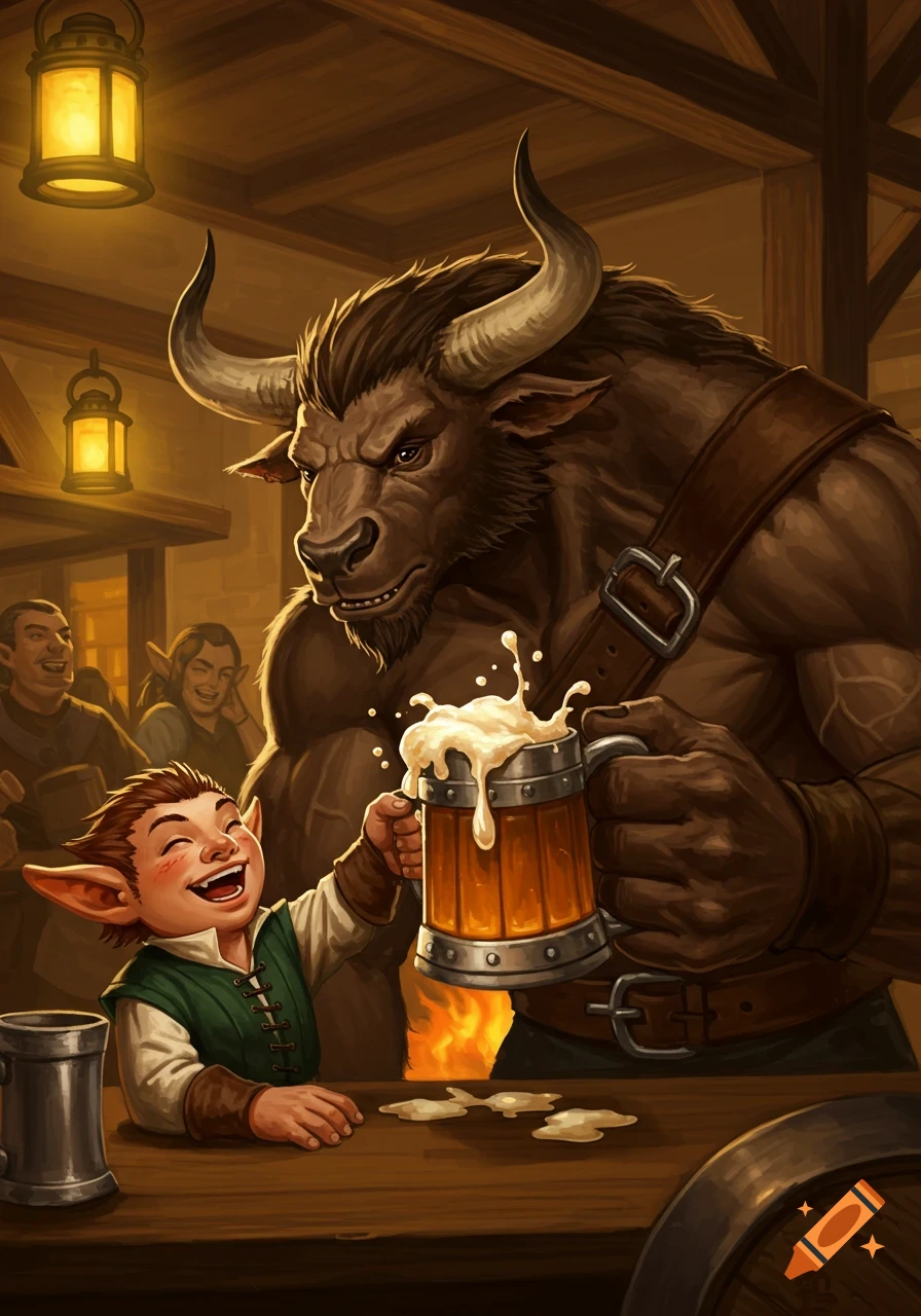 A digital illustration of a cheerful halfling and a large Minotaur toasting with a frothy beer mug in a lively tavern.