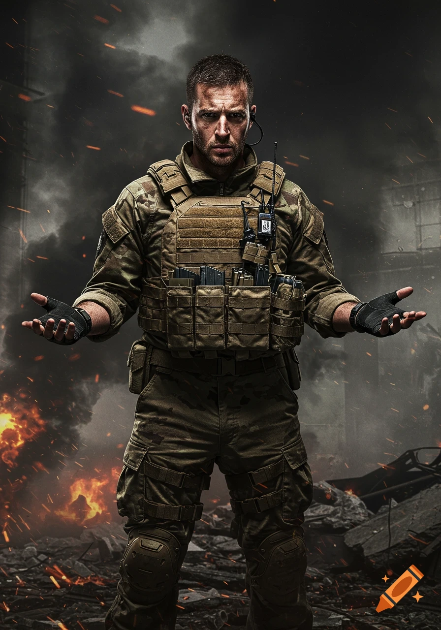 A gritty, hyper-realistic soldier in tactical gear shrugs in a smoky, rubble-filled battlefield.