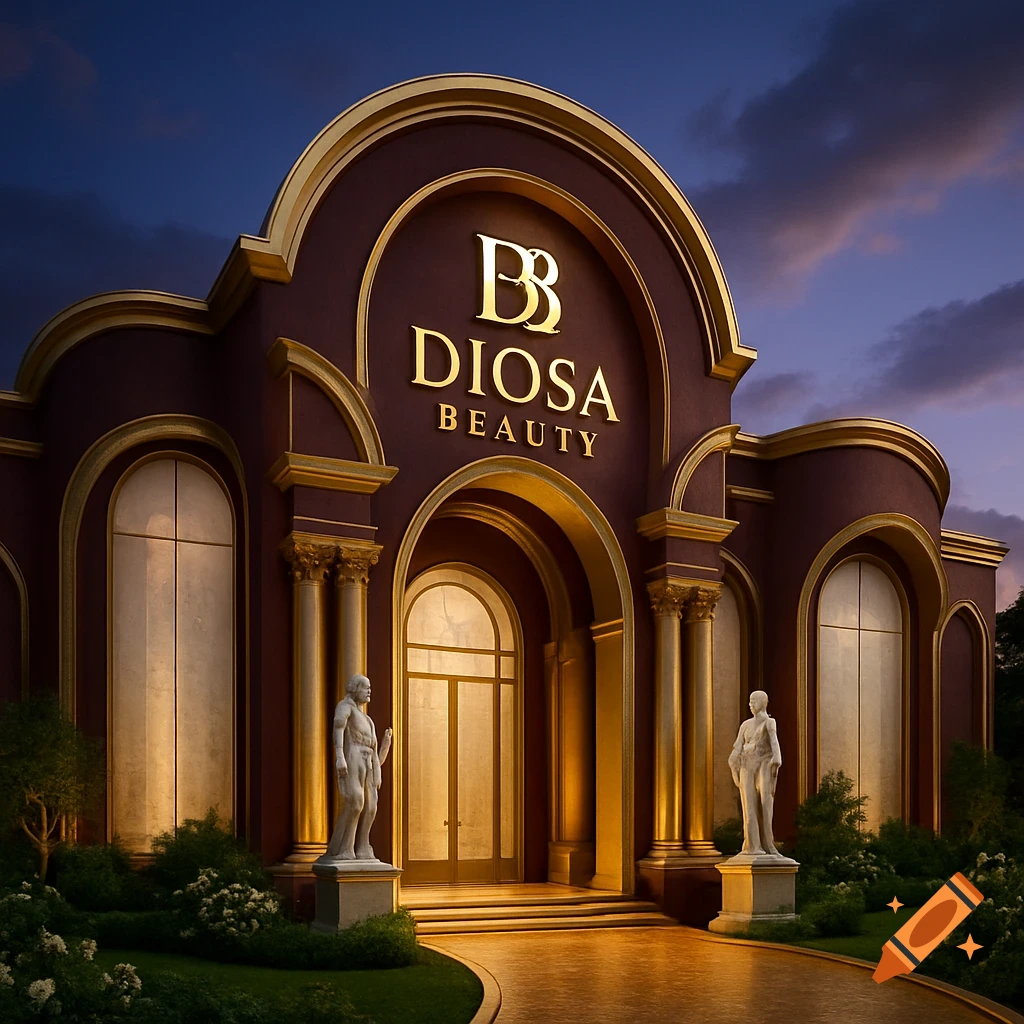 Luxurious photorealistic building for Diosa Beauty at dusk, featuring burgundy and gold facade, classical statues, and landscaping.