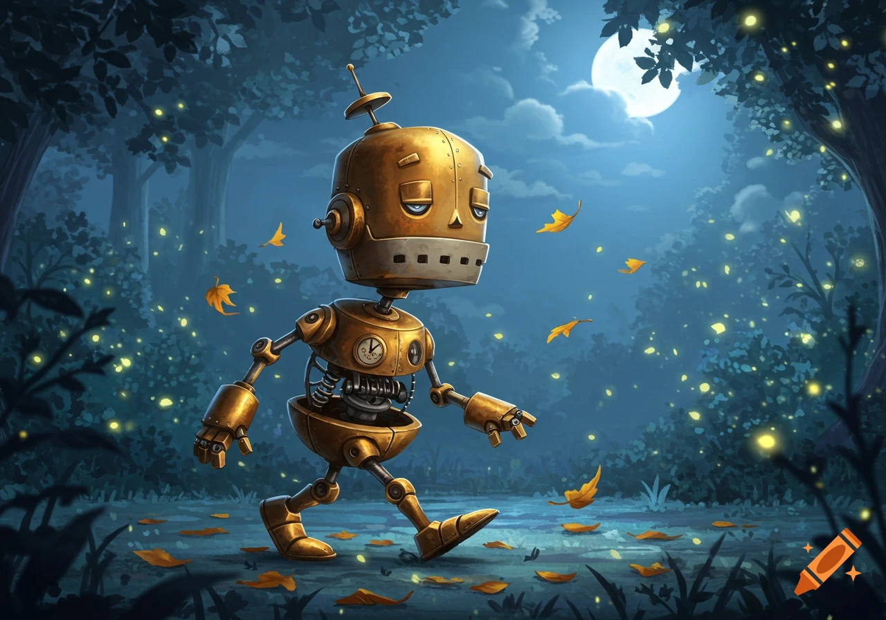A whimsical illustration of a golden robot sleepwalking through a moonlit forest with falling autumn leaves and glowing fireflies.
