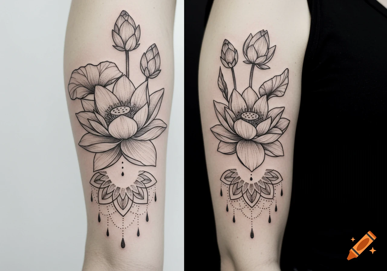 A black-and-white tattoo on an arm featuring two realistic lotus flowers, two lotus buds, a large lotus leaf, and a spotted mandala with tear drops.