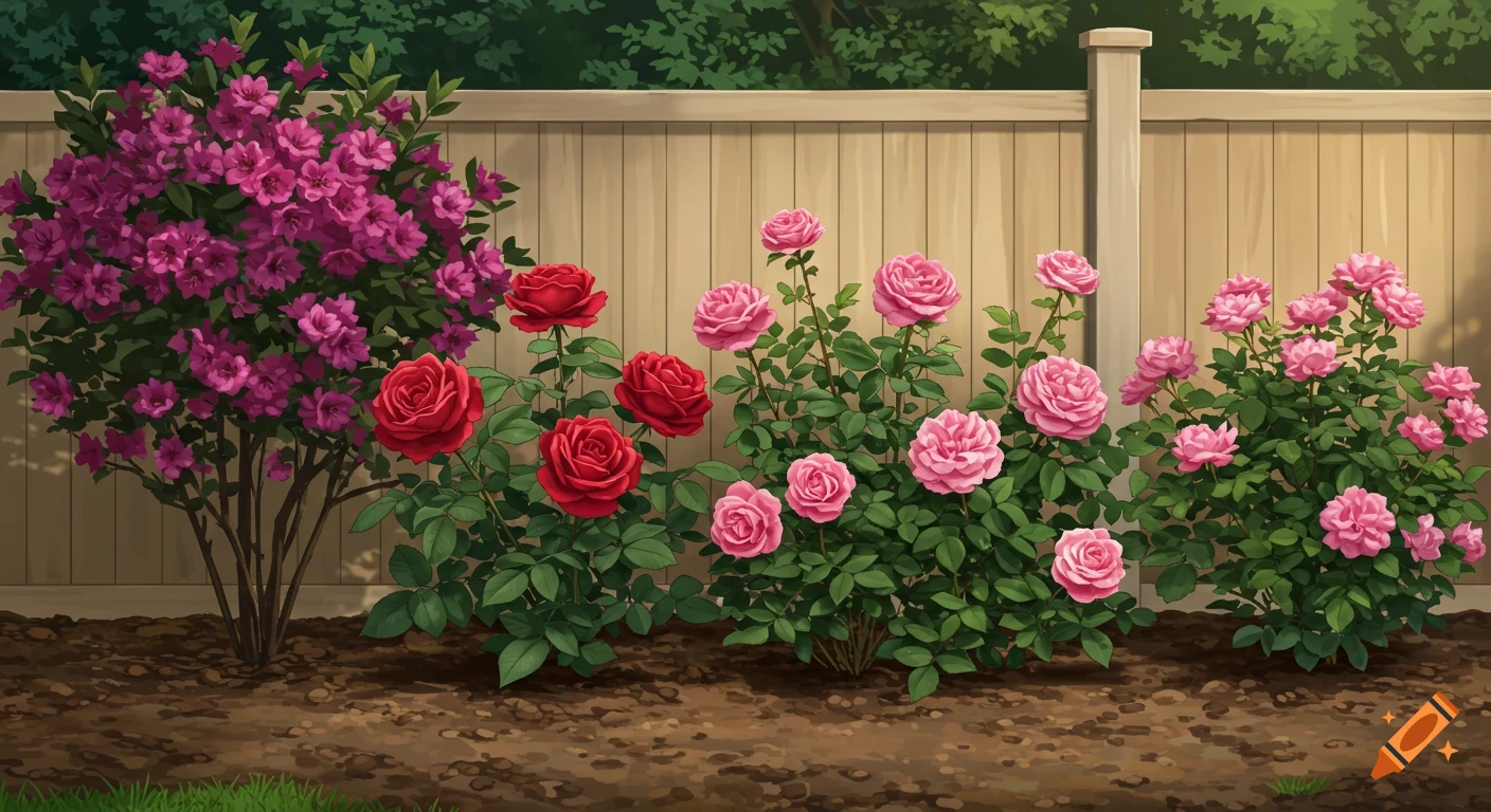 A vibrant garden featuring a purple flowering bush alongside red and pink rose bushes in front of a wooden fence.