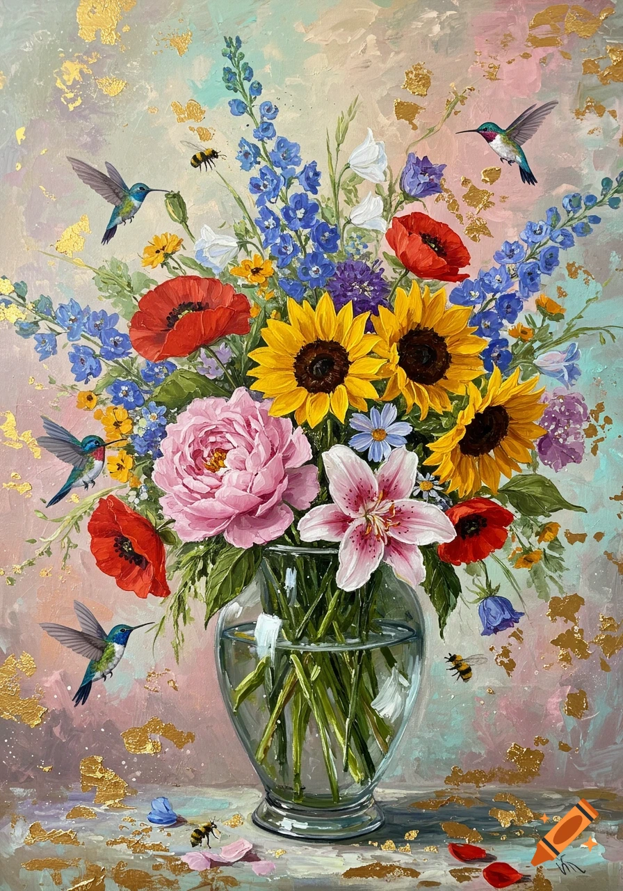 Vibrant oil painting of wildflowers in a glass vase, with sunflowers, poppies, peonies, and lilies, surrounded by hummingbirds and bees, with gold leaf accents.