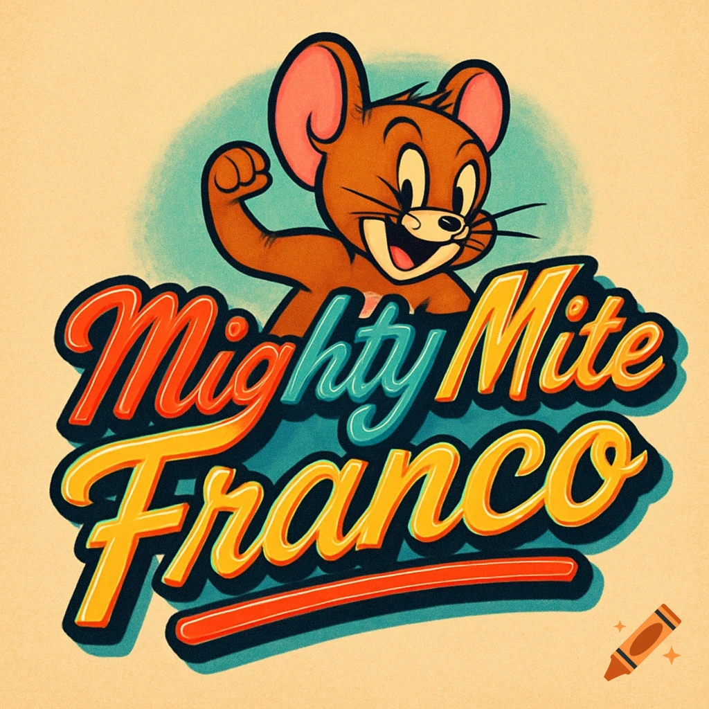 Jerry the mouse flexing above a 50s-style logo that reads 'Mighty Mite Franco' with a vintage texture.