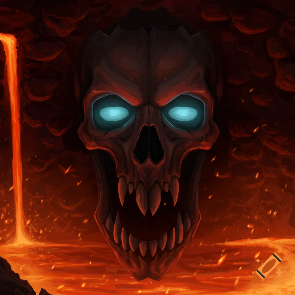 A menacing skull with glowing blue eyes rises from a fiery lava pit, against a dark, volcanic background. Digital art.
