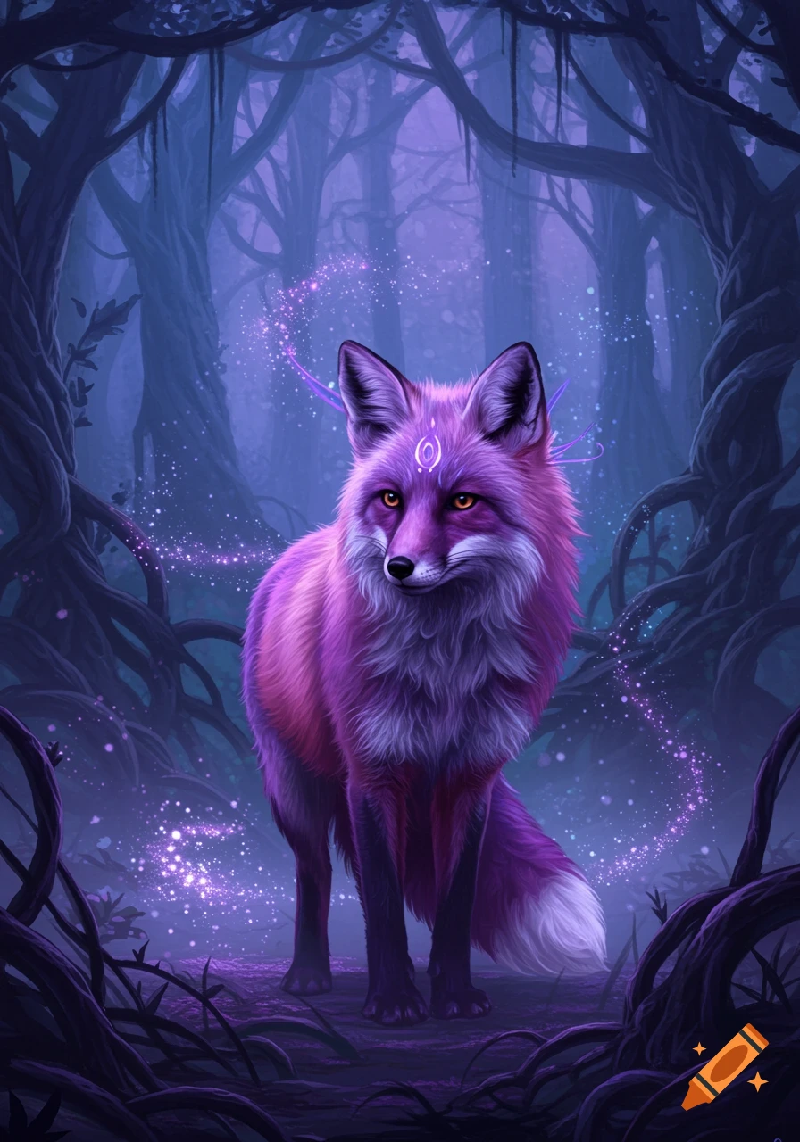 A vibrant purple fox with glowing orange eyes and a mystical symbol on its forehead stands in a dark, magical forest with sparkling purple lights.