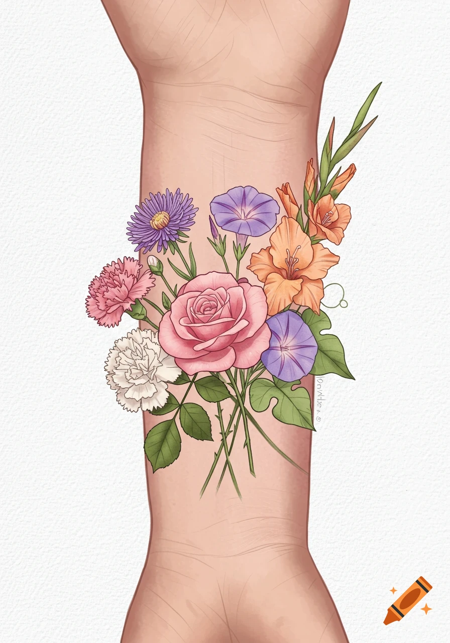 Illustrated forearm with a colorful bouquet tattoo featuring roses, carnations, asters, morning glories, and gladiolus.