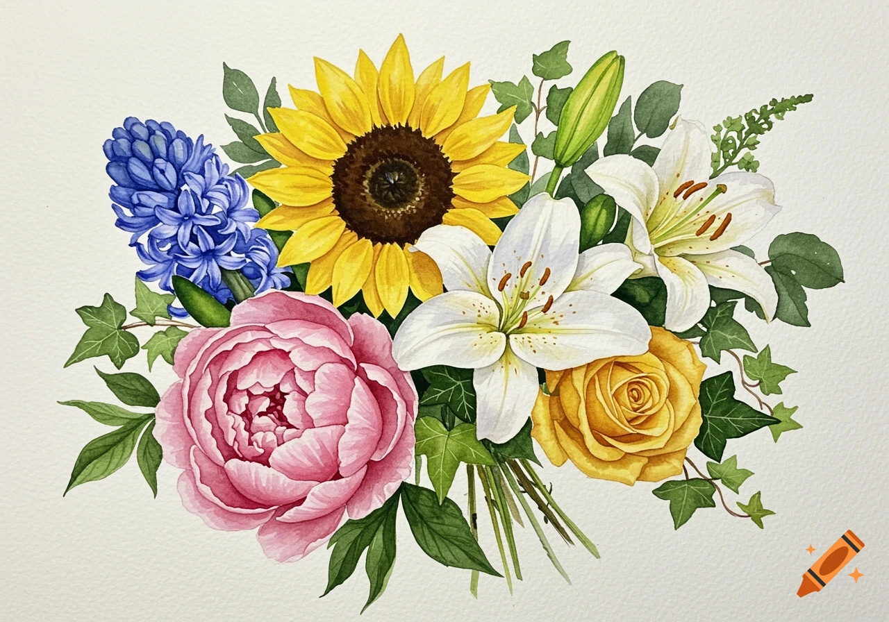 A watercolor bouquet featuring pink peonies, yellow sunflowers, blue hyacinths, white lilies, yellow roses, and green foliage.
