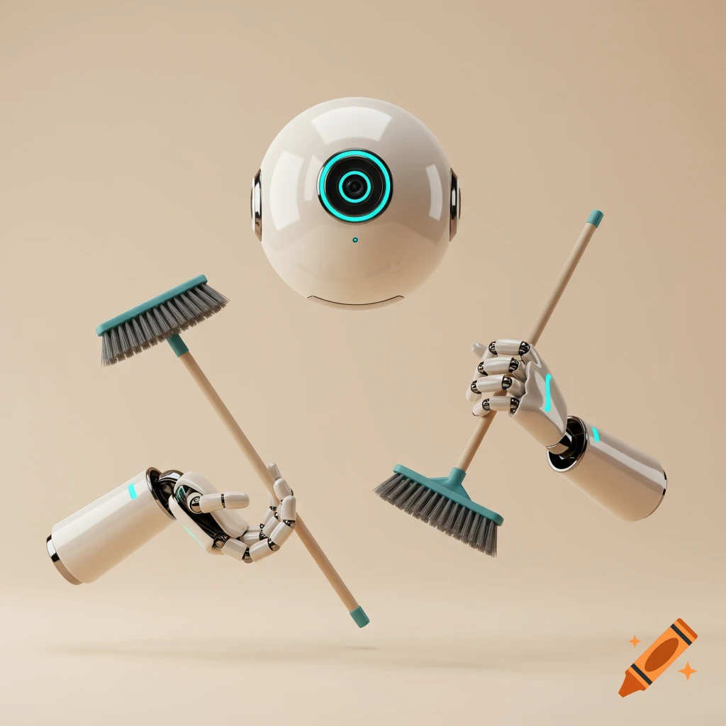 Two floating robotic hands hold brooms while a spherical robot with a camera eye hovers above, against a soft beige background.