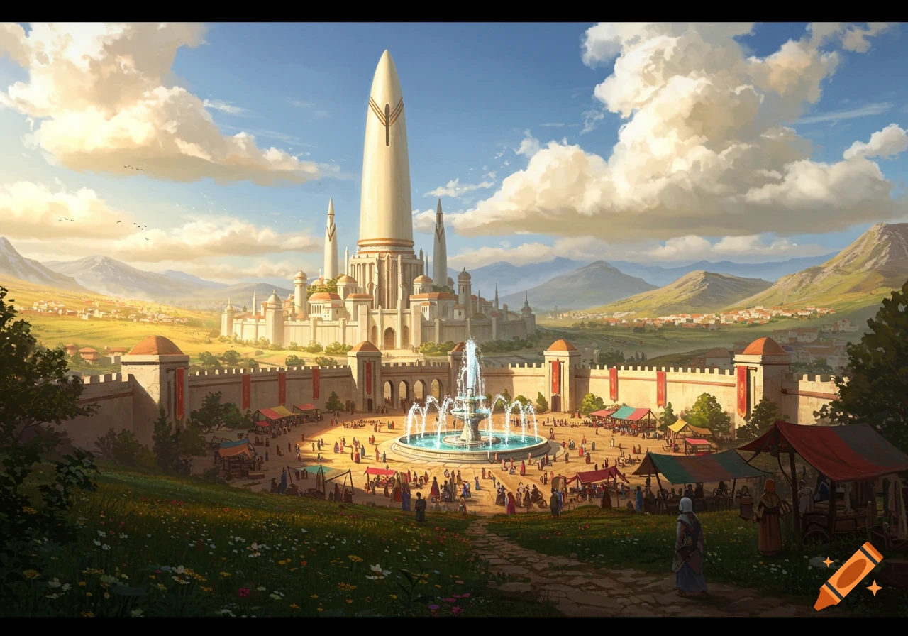 A vibrant fantasy city with a towering central spire, bustling market square with a fountain, surrounded by walls, green fields, and distant mountains under a cloudy sky.
