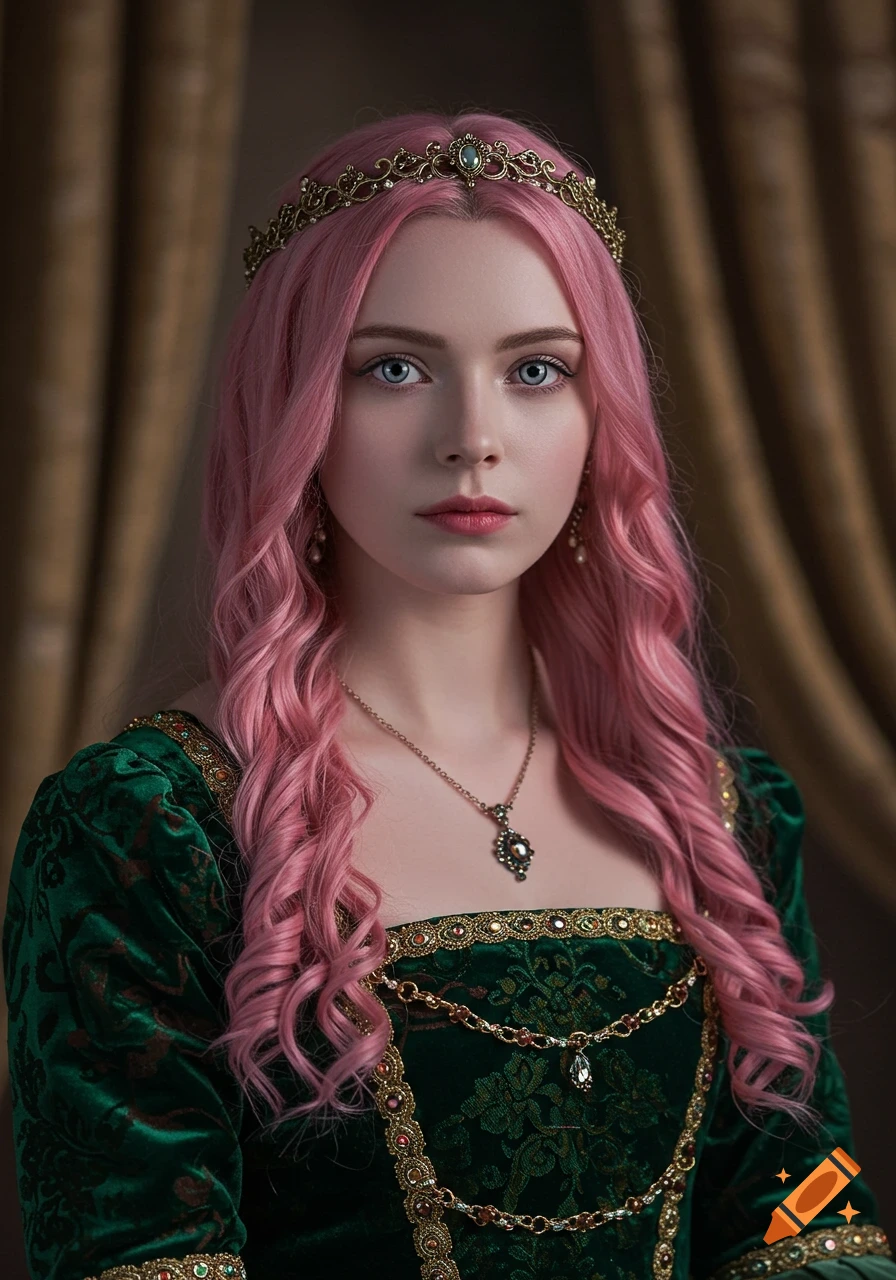 A beautiful young woman with long pink hair and light blue eyes, wearing a green Renaissance-style gown and a golden crown.