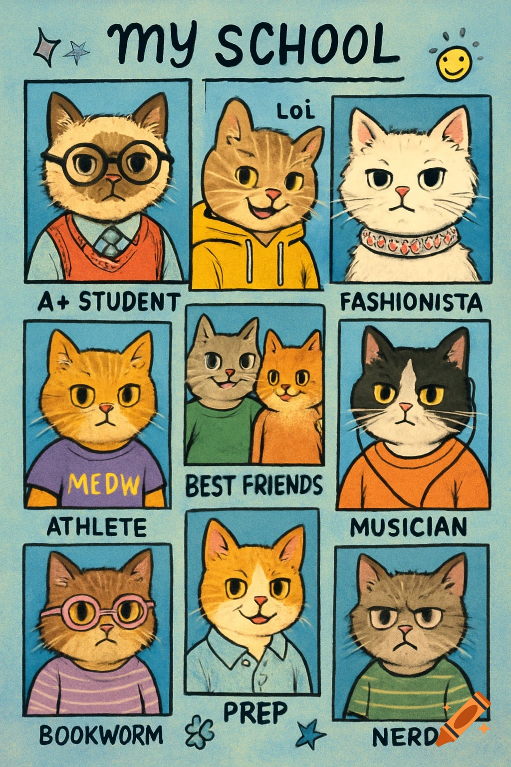 A stylized high school yearbook page featuring nine grid portraits of anthropomorphic cats dressed as students, with labels like 'A+ STUDENT', 'FASHIONISTA', 'ATHLETE', and 'NERD'. The top reads 'MY SCHOOL'.