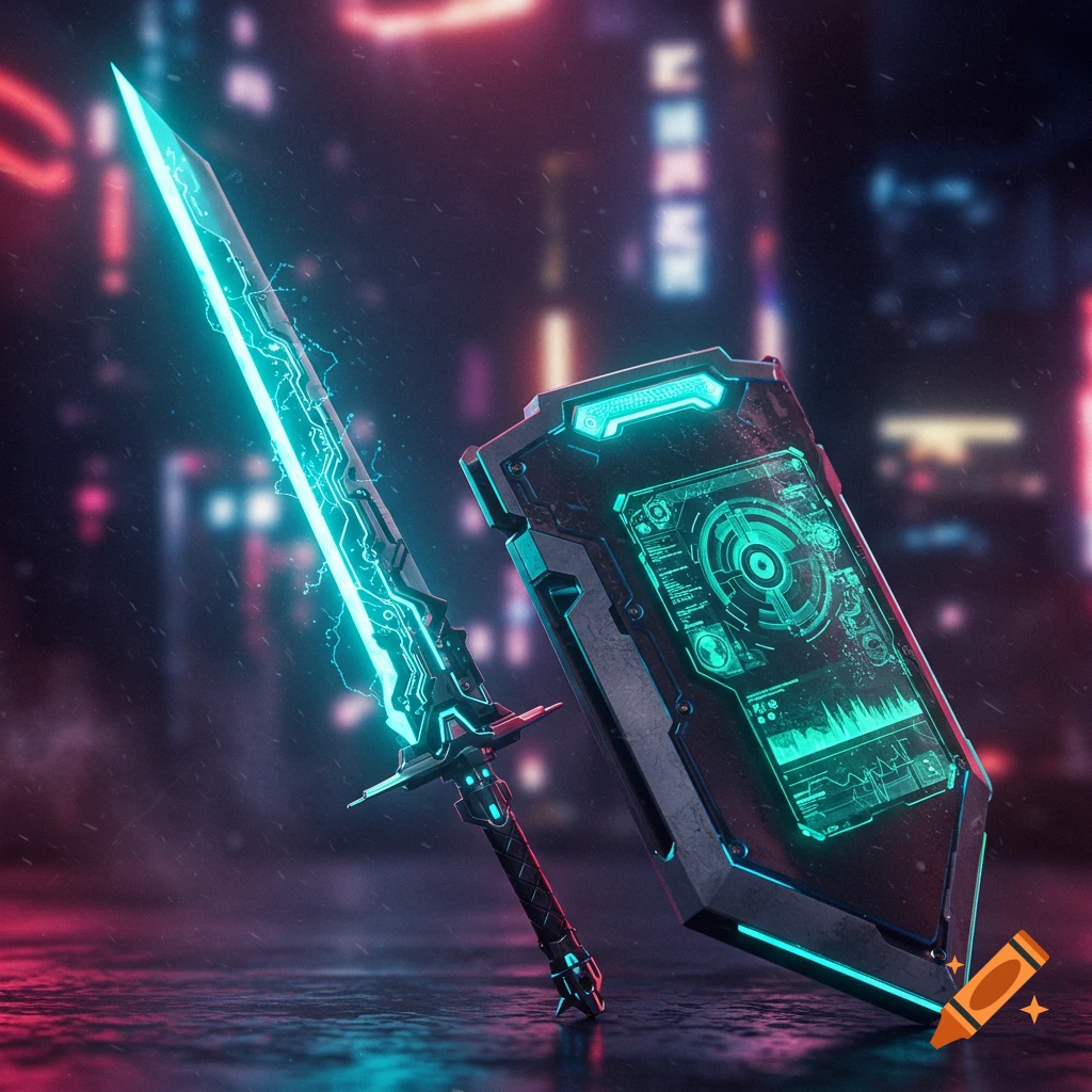 A glowing cyan cybernetic sword with circuit patterns and a matching shield featuring a holographic display, set against a blurred neon city night.