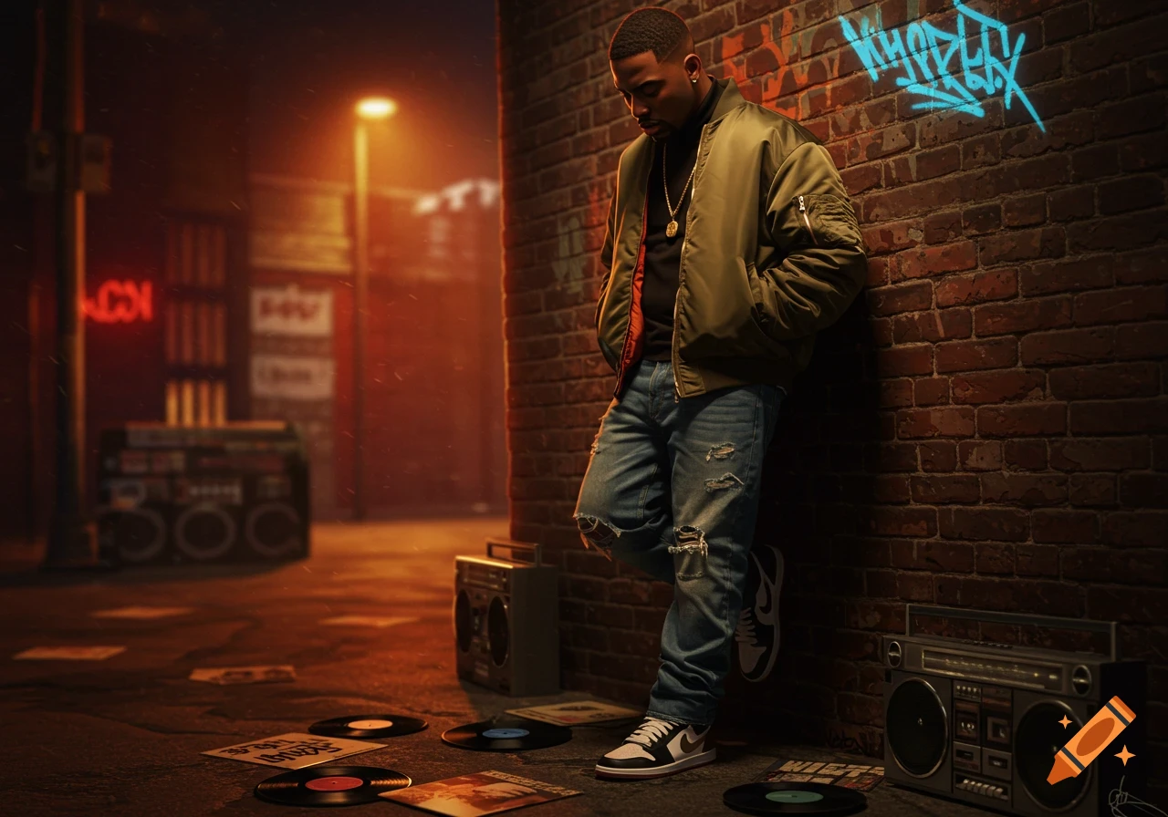 A rapper leans on a brick wall in a dark urban alley with boomboxes and vinyl records, in a retro, photorealistic style.