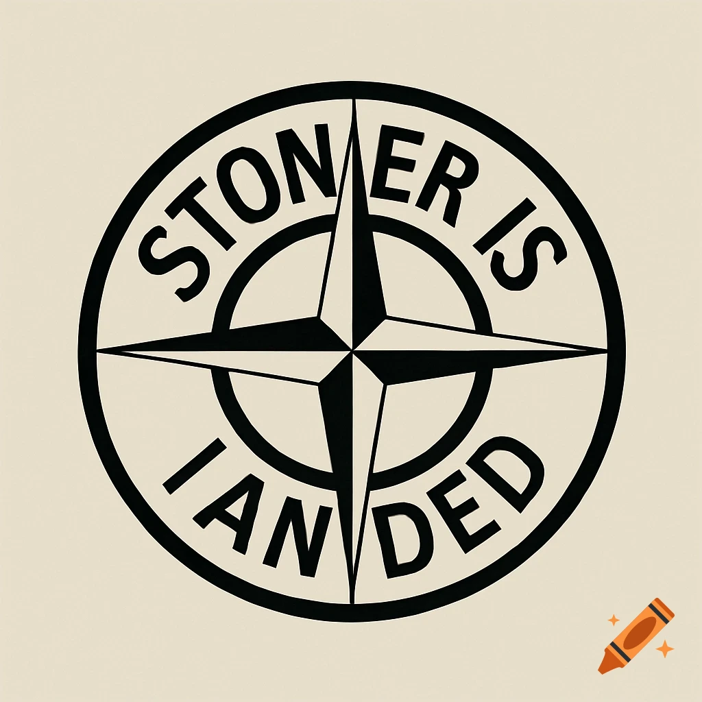 A black and beige circular logo featuring a compass rose design with the words "STONER IS LANDED" arranged in a circle.