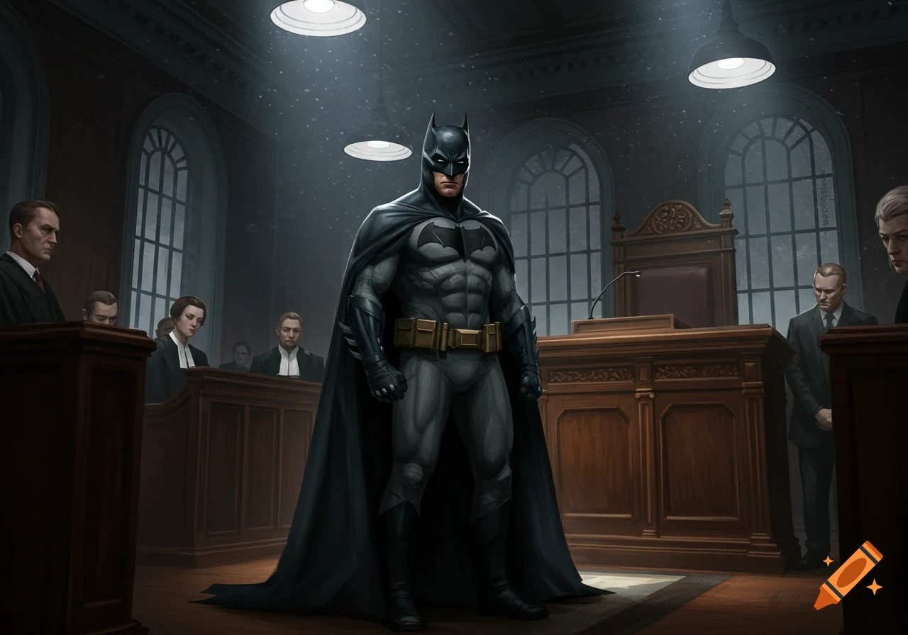Batman stands prominently in a dimly lit courtroom, surrounded by observers, in a digital art style.