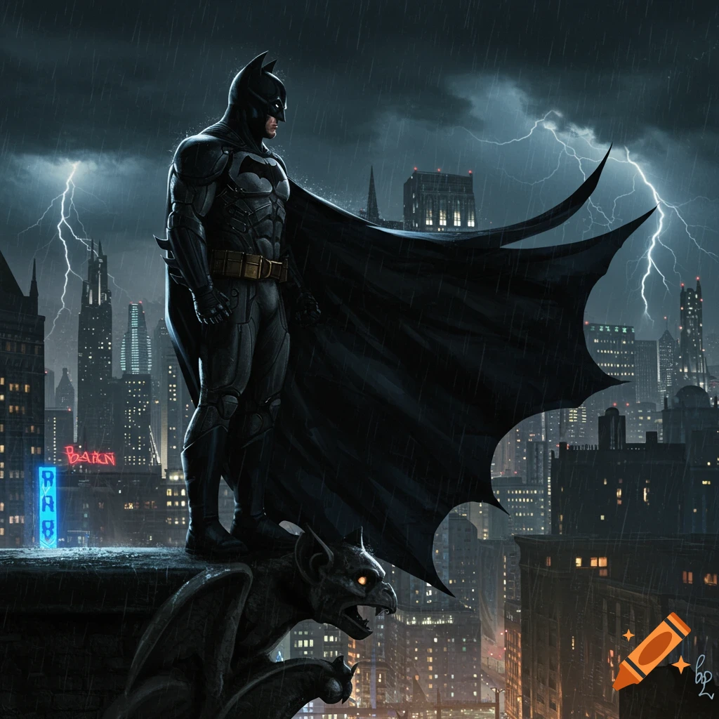 Batman stands on a gargoyle overlooking a stormy Gotham City skyline with lightning and rain, in a comic book art style.