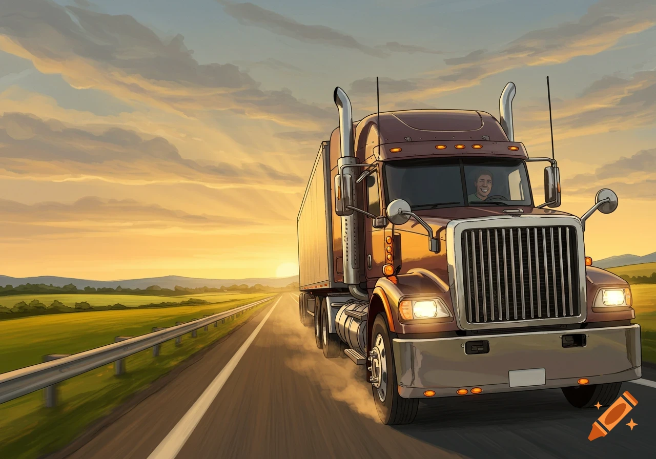 Illustrated brown semi-truck driven by a smiling man on a highway at sunset.