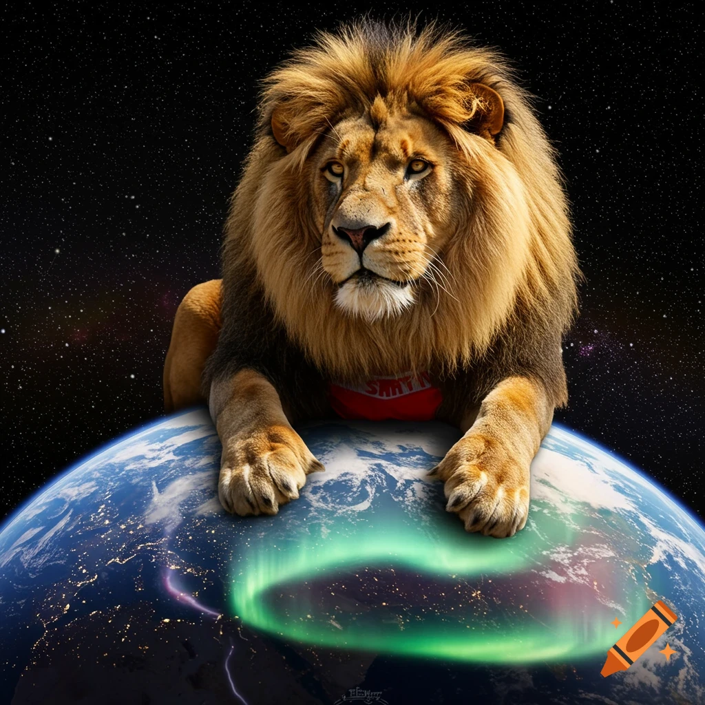 A gigantic photorealistic lion with a golden mane rests on Earth, with a starry space background and green aurora lights.