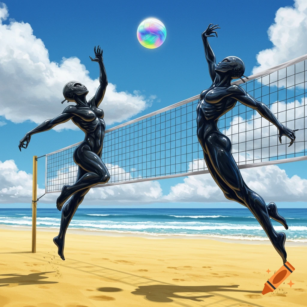 Two dark, alien-like symbiotes playing beach volleyball on a sunny day, with one spiking a rainbow-colored ball.