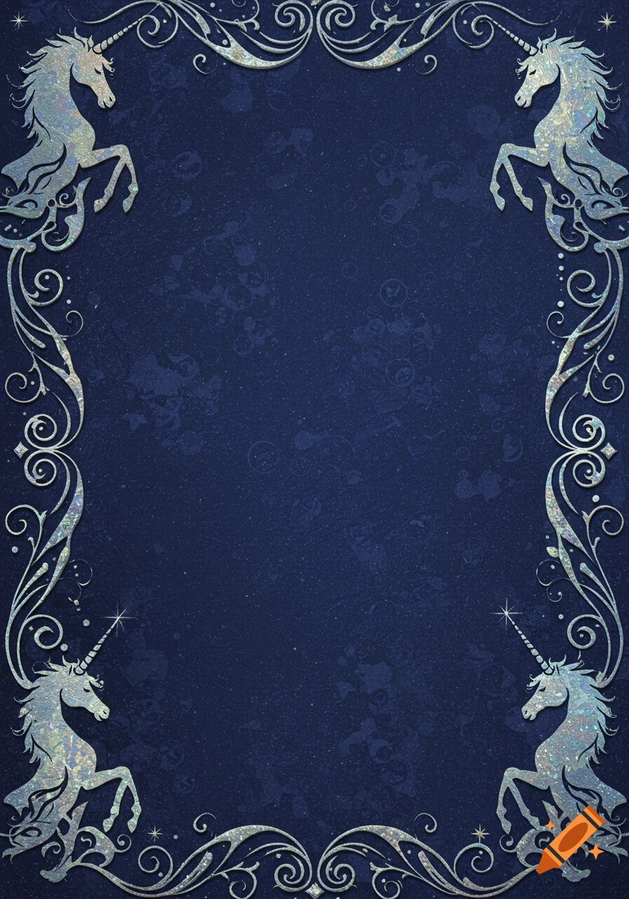 Dark blue background with a shimmering silver unicorn and floral scrollwork border on all four sides.