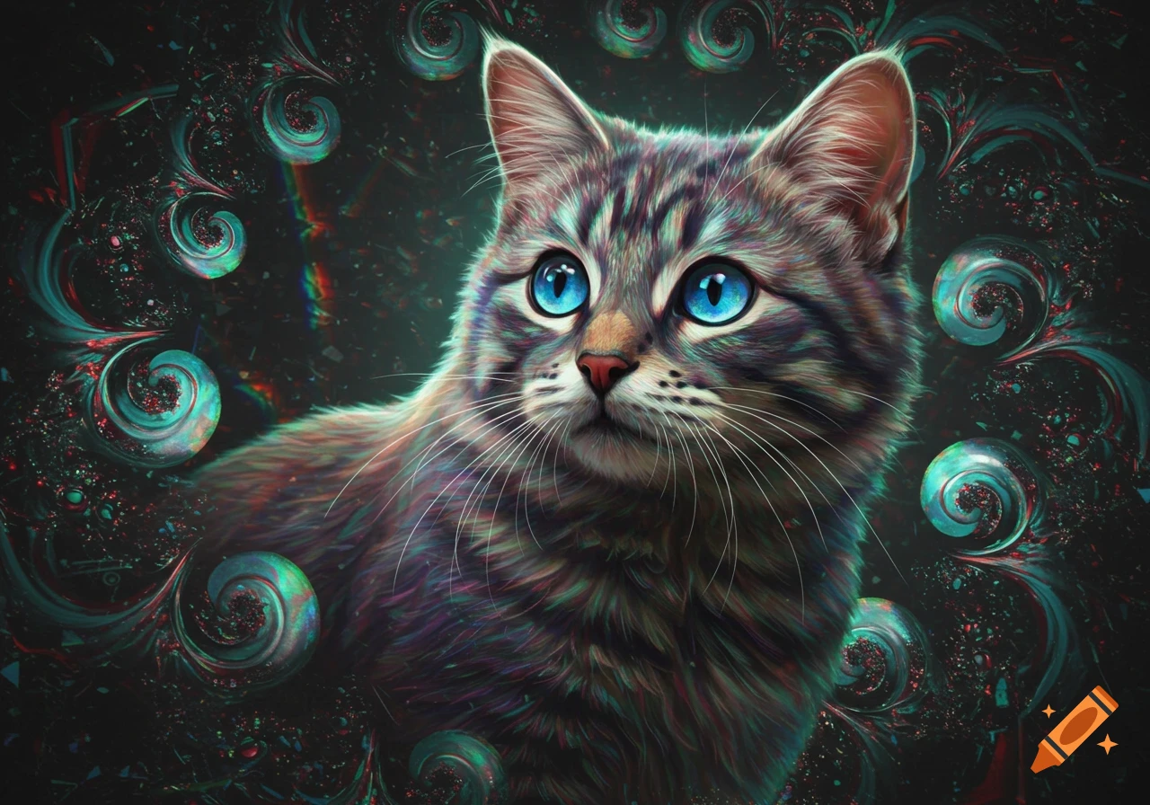 A vibrant, colorful cat with large blue eyes, set against a dark, abstract background with swirling patterns.