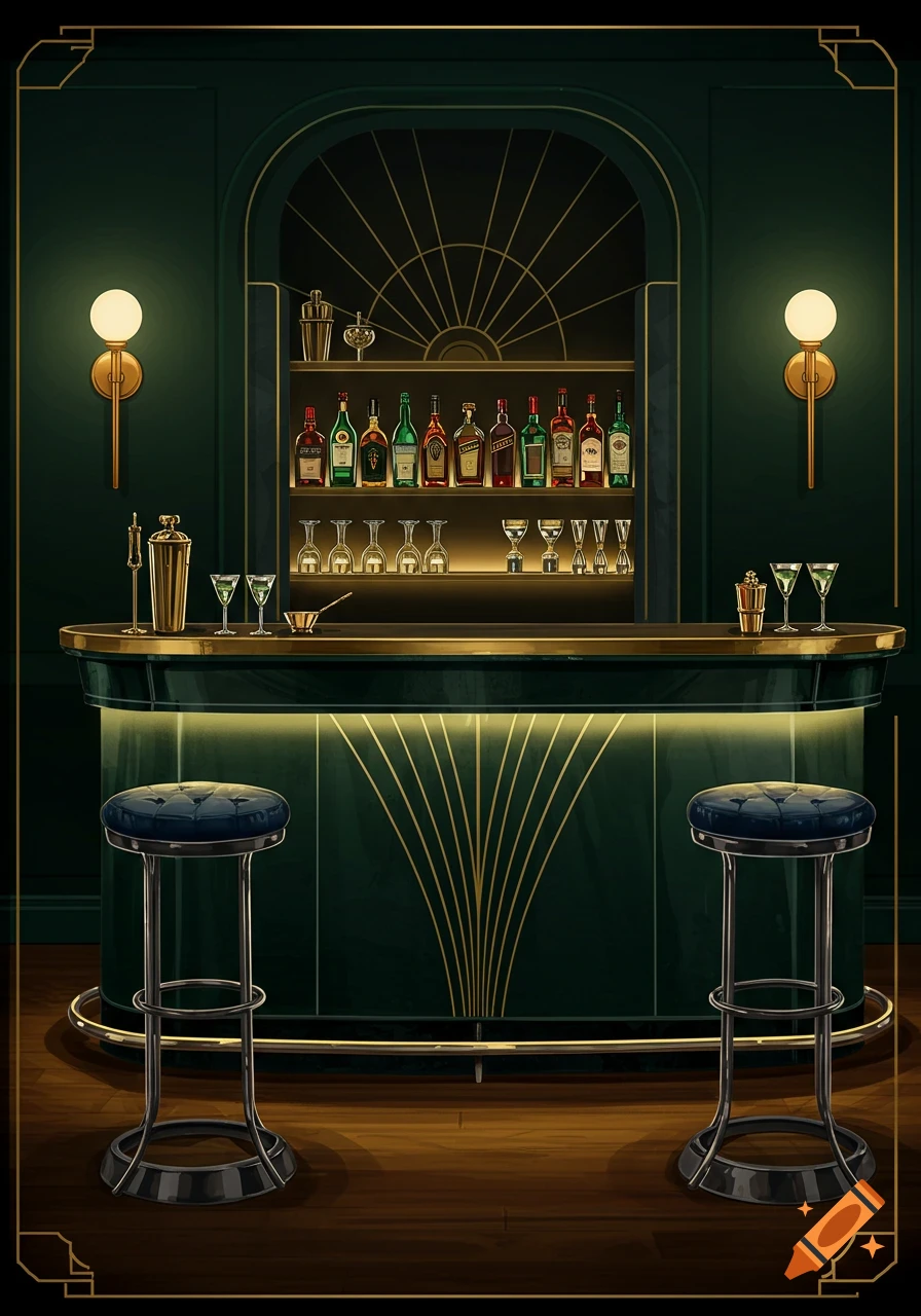 An Art Deco style home bar with a dark green counter, two bar stools, shelves filled with bottles and glasses, and golden wall sconces.