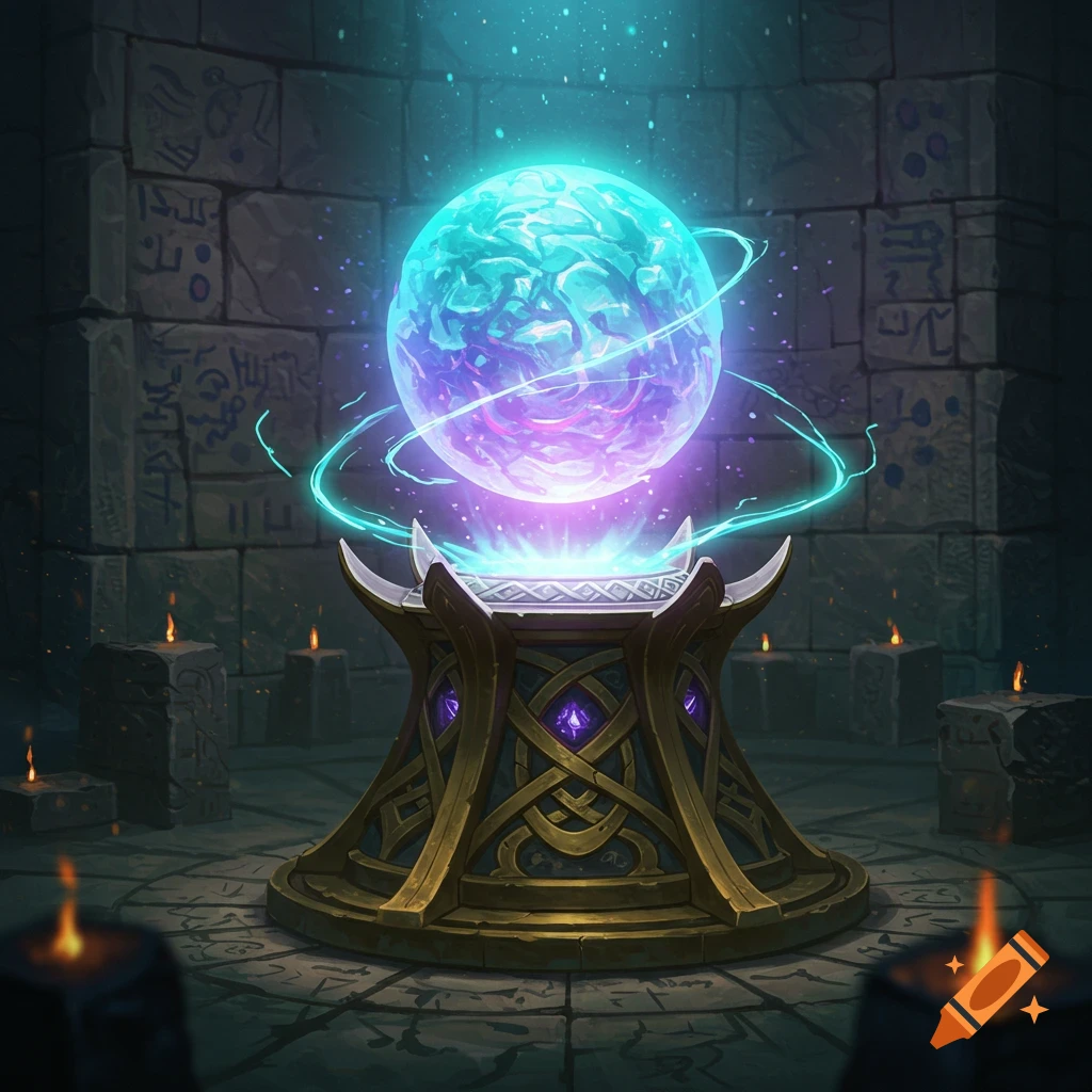 A glowing, pulsating blue and purple orb floats above an ornate golden pedestal in a dimly lit stone chamber with ancient markings and candles.