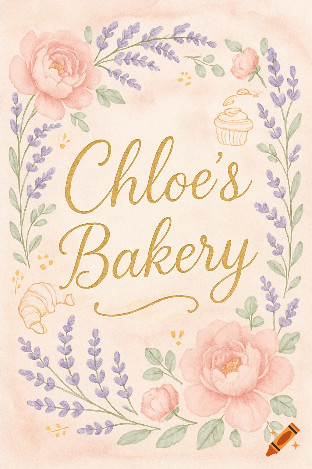 A watercolor bakery sign with "Chloe's Bakery" in gold script, framed by pink roses and lavender, with a croissant and cupcake illustration.
