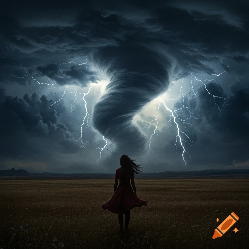A woman in a red dress stands in a field, looking up at a massive tornado and lightning in a stormy sky.