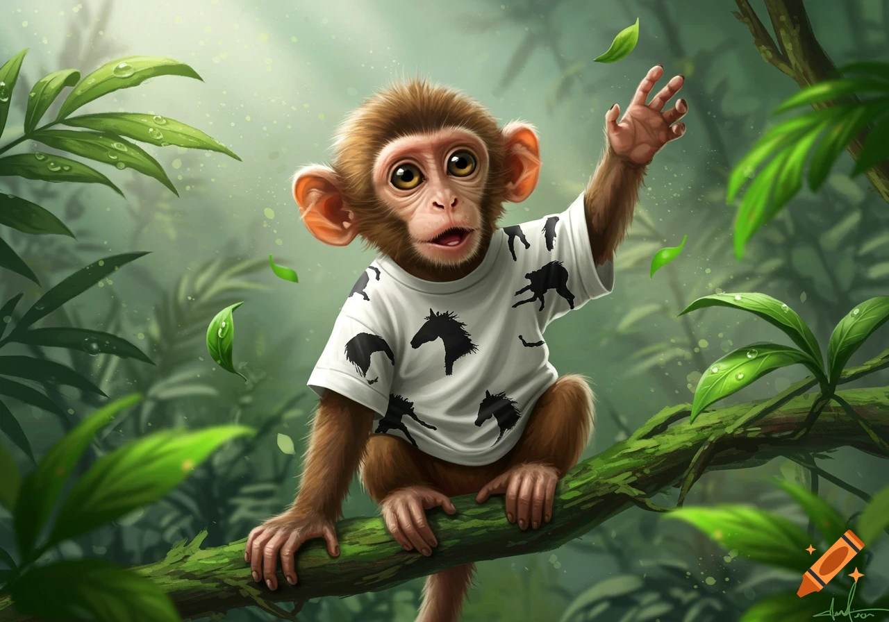 A cute baby monkey in a horse t-shirt sits on a jungle branch, reaching up, with leaves and water droplets. Digital illustration.
