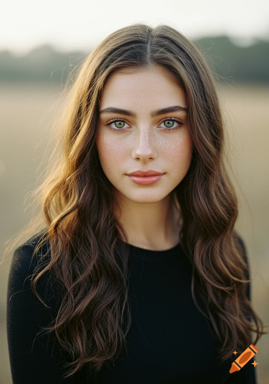 Photorealistic portrait of a young woman with long wavy brown hair, green eyes, and freckles, wearing a black shirt.