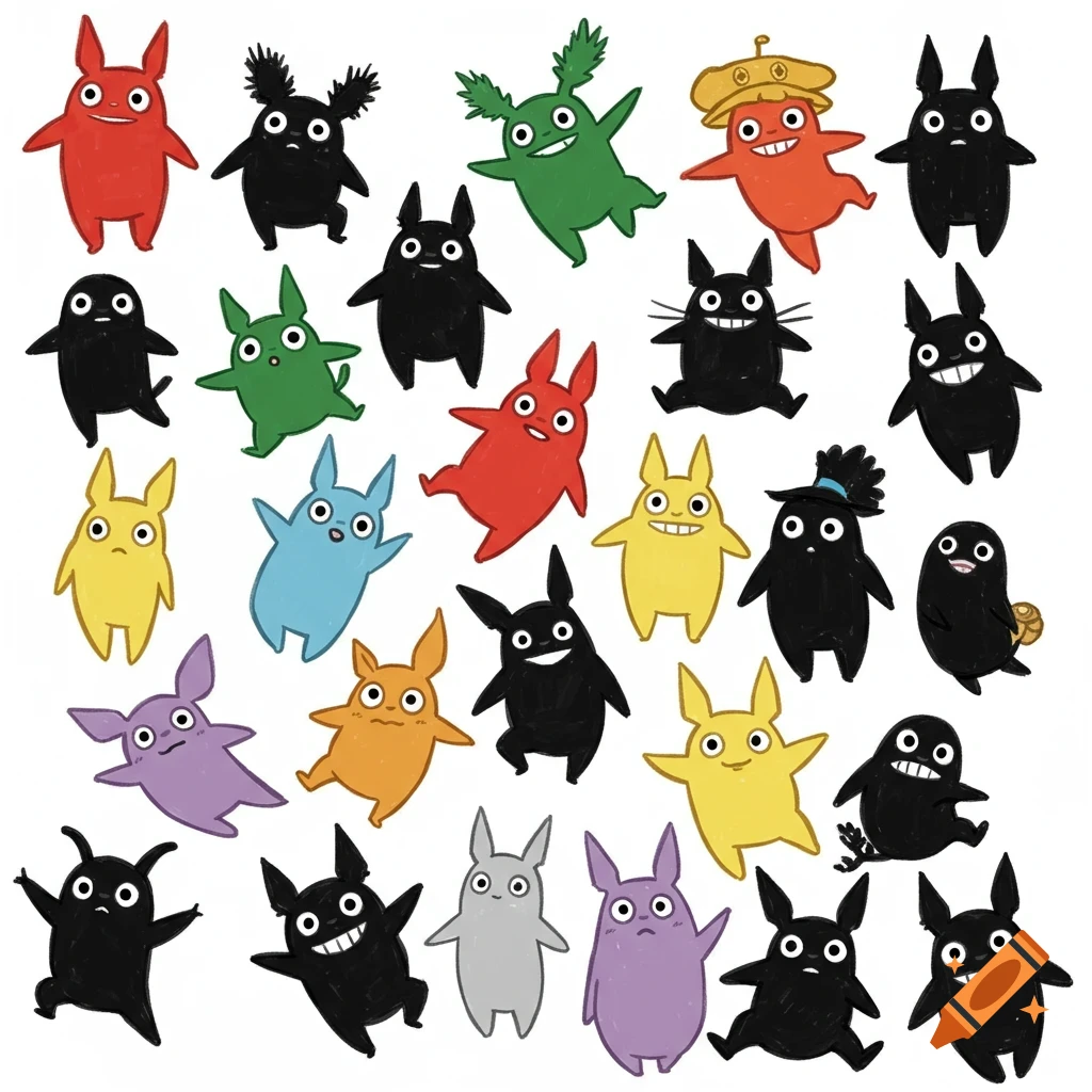 A white background filled with 25 different colored doodle characters resembling soot sprites with long arms stretched out.