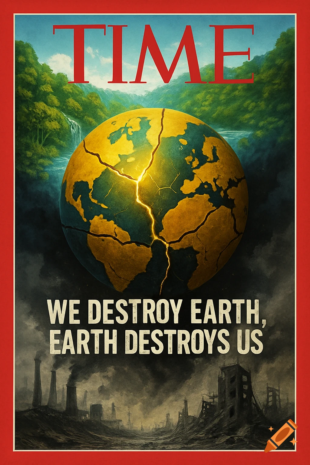 Magazine cover: A cracked Earth with lightning, half lush nature, half polluted ruins. Text: "TIME" and "WE DESTROY EARTH, EARTH DESTROYS US".