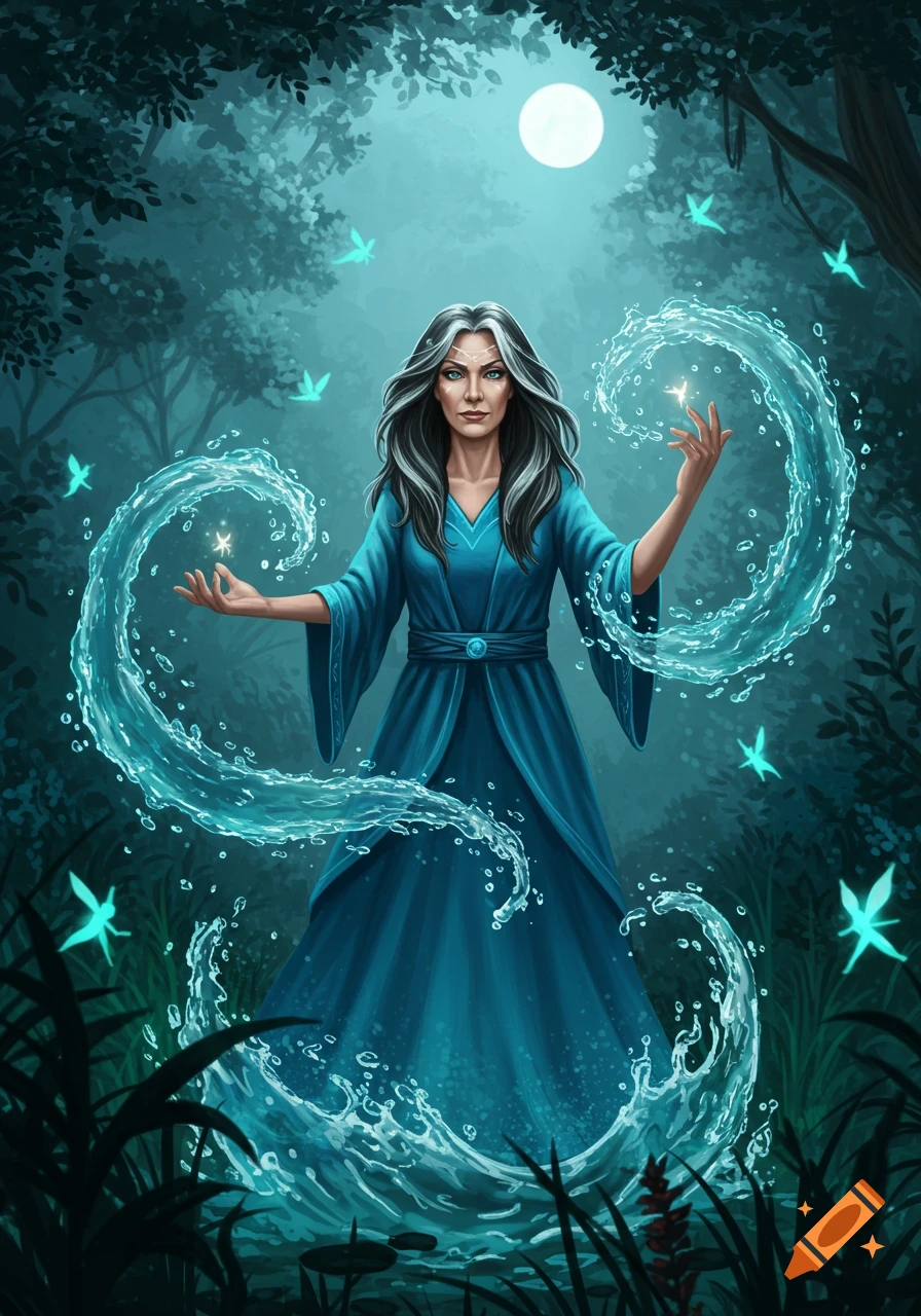 A middle-aged woman with long grey hair and a blue dress manipulates water magic in a moonlit forest with glowing sprites.