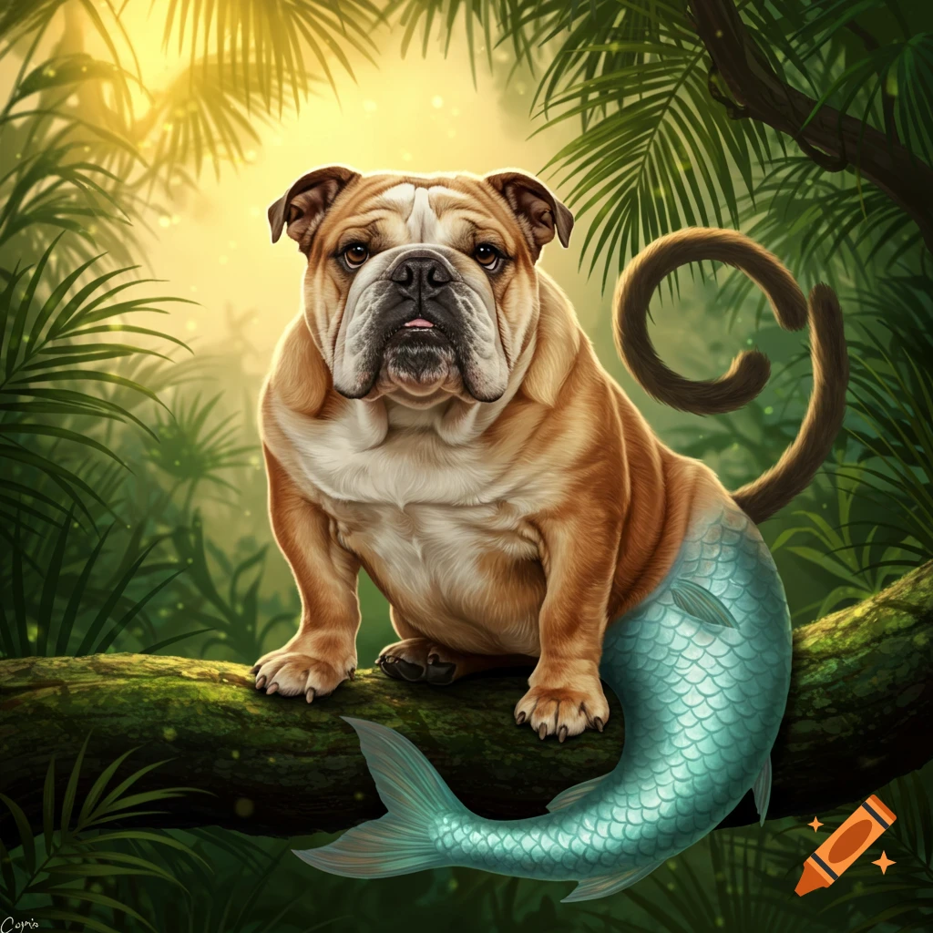 A whimsical illustration of an English bulldog with a green mermaid tail and a curled monkey tail, sitting on a mossy branch in a sunlit jungle.