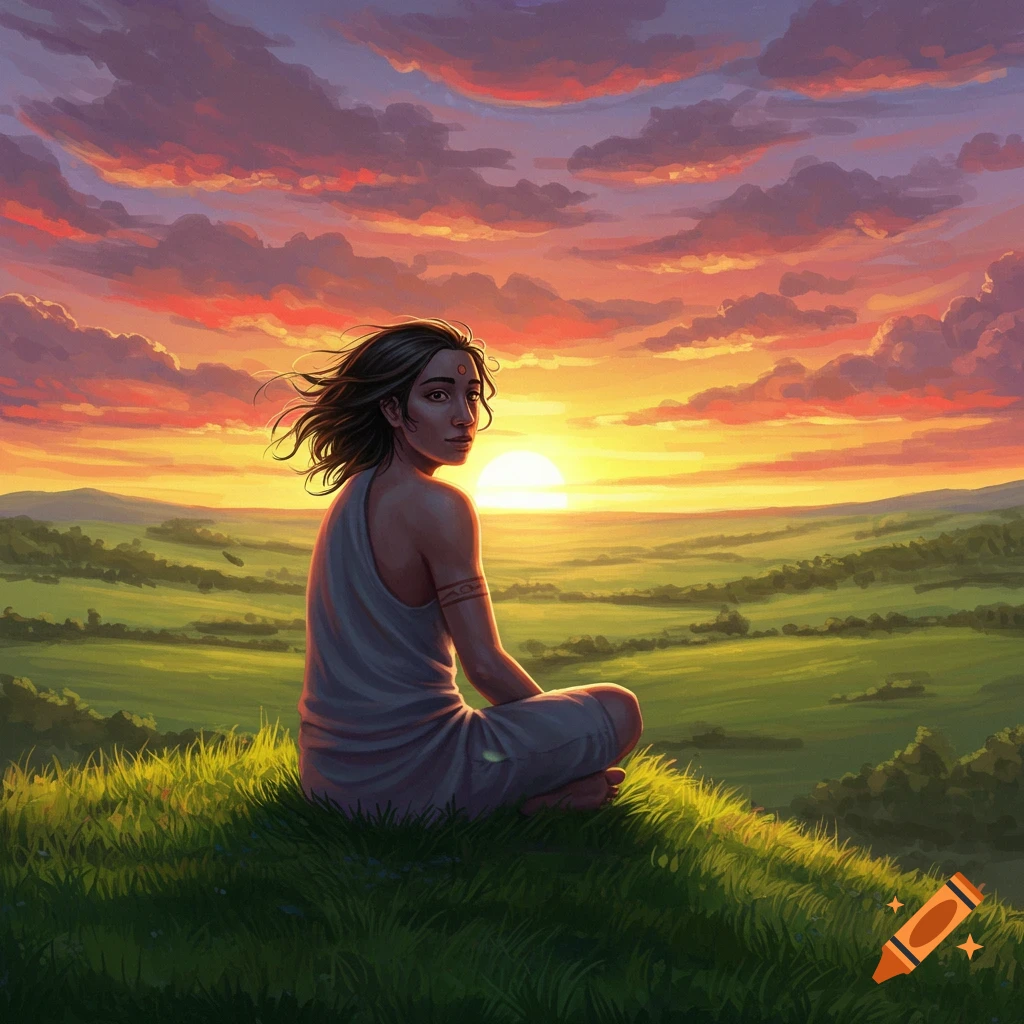 A person sits cross-legged on a grassy hill, looking back at a vibrant sunset over a rolling landscape in a digital painting.